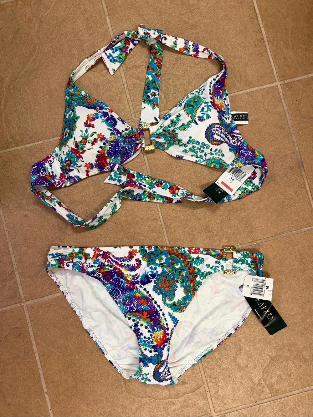 Ralph Lauren White/Turquoise Paisley Three-Piece Mix-Match Swimsuit Set